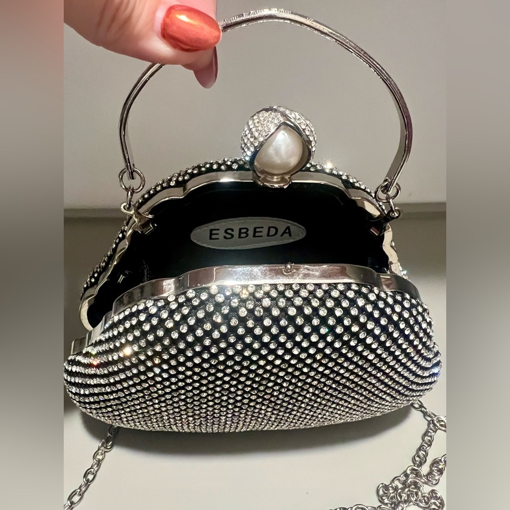 NWOT Esbeda Black Rhinestone/Pearl Clutch & Shoulder Handbag - Picture 5 of 6